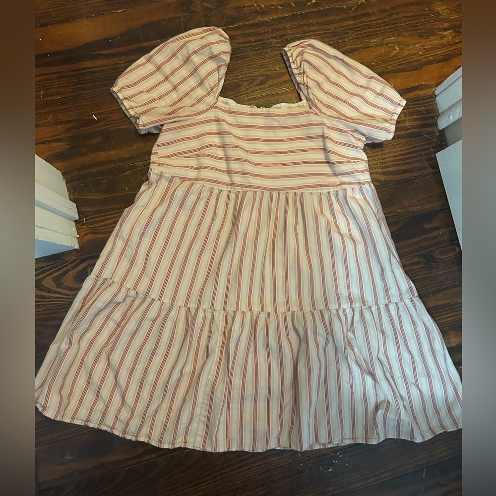 LOFT Pink and White Striped Puff-Sleeve Dress